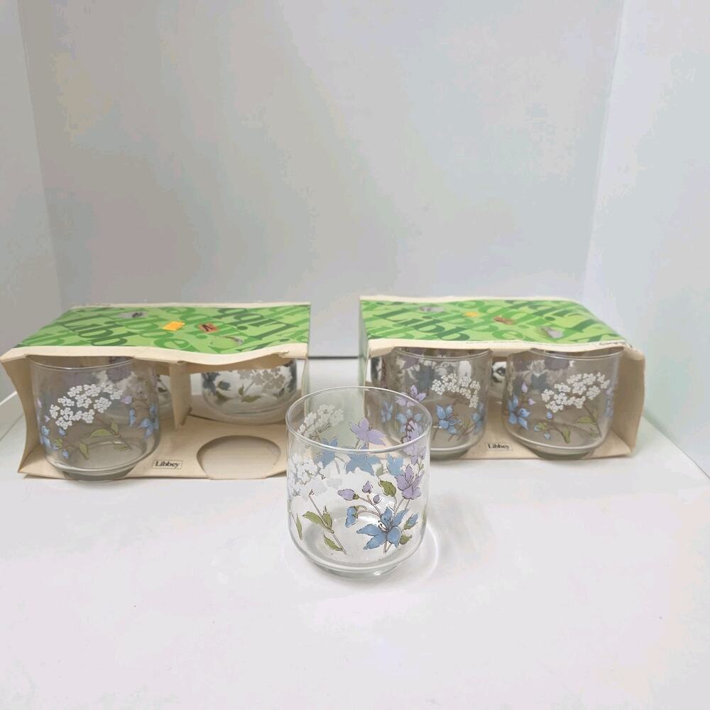 Vintage Libbey Rocks & Cooler Glasses Retro Pastel Floral Set of 8 NEW NOS
